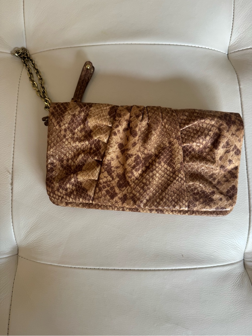 Brown Snake-Print Chain Strap Wristlet Clutch